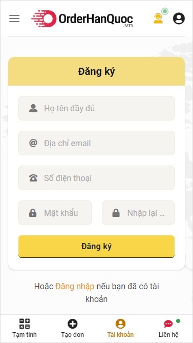 Đăng ký tài khoản tại orderhanquoc.vn